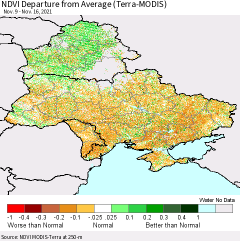 Ukraine, Moldova and Belarus NDVI Departure from Average (Terra-MODIS) Thematic Map For 11/9/2021 - 11/16/2021
