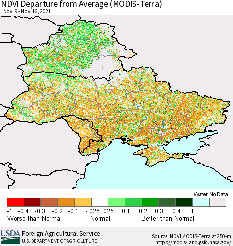 Ukraine, Moldova and Belarus NDVI Departure from Average (Terra-MODIS) Thematic Map For 11/11/2021 - 11/20/2021