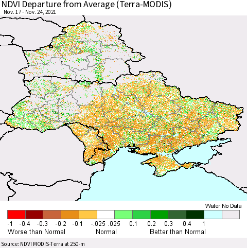 Ukraine, Moldova and Belarus NDVI Departure from Average (Terra-MODIS) Thematic Map For 11/17/2021 - 11/24/2021