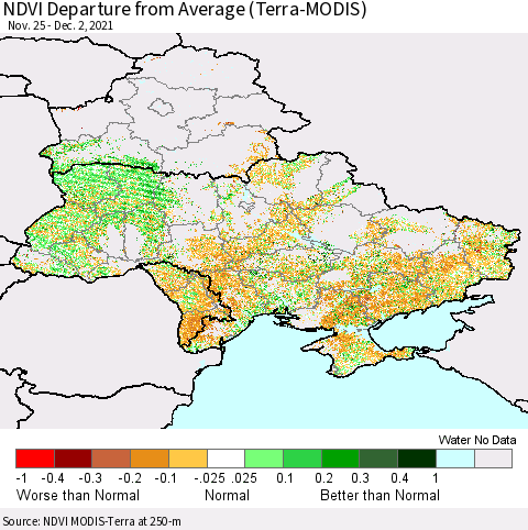 Ukraine, Moldova and Belarus NDVI Departure from Average (Terra-MODIS) Thematic Map For 11/25/2021 - 12/2/2021