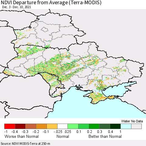 Ukraine, Moldova and Belarus NDVI Departure from Average (Terra-MODIS) Thematic Map For 12/1/2021 - 12/10/2021