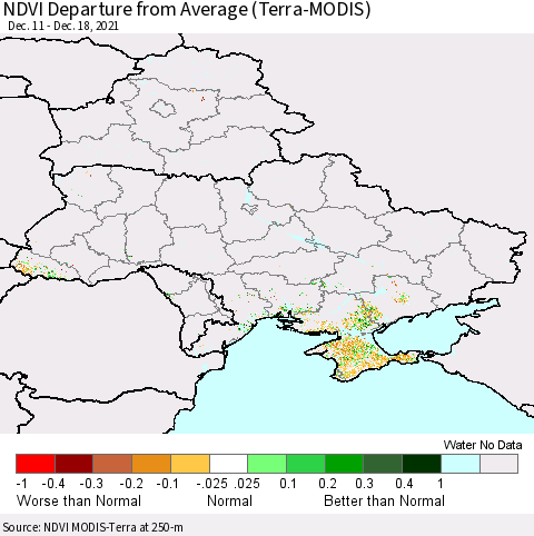 Ukraine, Moldova and Belarus NDVI Departure from Average (Terra-MODIS) Thematic Map For 12/11/2021 - 12/18/2021