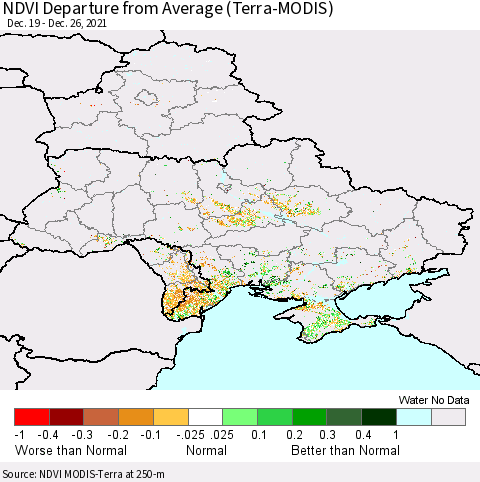 Ukraine, Moldova and Belarus NDVI Departure from Average (Terra-MODIS) Thematic Map For 12/19/2021 - 12/26/2021