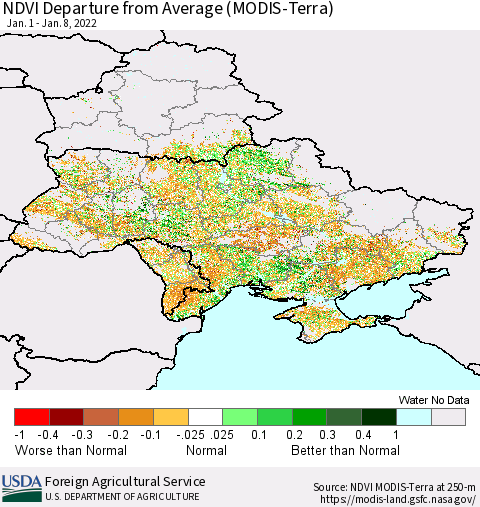 Ukraine, Moldova and Belarus NDVI Departure from Average (Terra-MODIS) Thematic Map For 1/1/2022 - 1/10/2022