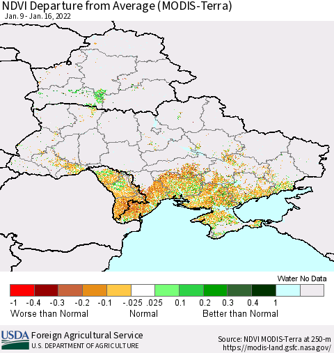 Ukraine, Moldova and Belarus NDVI Departure from Average (Terra-MODIS) Thematic Map For 1/11/2022 - 1/20/2022