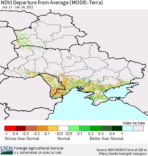 Ukraine, Moldova and Belarus NDVI Departure from Average (Terra-MODIS) Thematic Map For 1/21/2022 - 1/31/2022