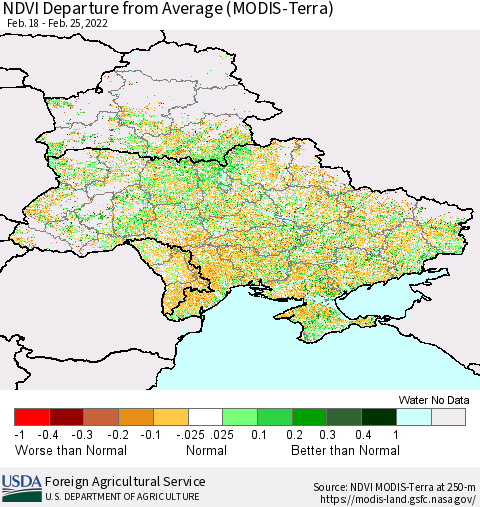 Ukraine, Moldova and Belarus NDVI Departure from Average (Terra-MODIS) Thematic Map For 2/21/2022 - 2/28/2022