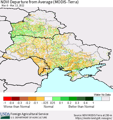 Ukraine, Moldova and Belarus NDVI Departure from Average (Terra-MODIS) Thematic Map For 3/11/2022 - 3/20/2022
