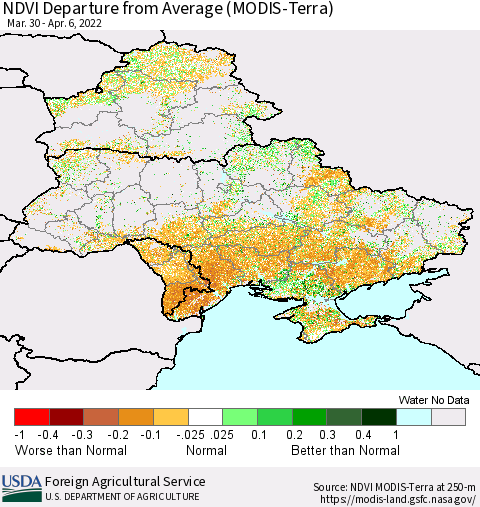Ukraine, Moldova and Belarus NDVI Departure from Average (Terra-MODIS) Thematic Map For 4/1/2022 - 4/10/2022