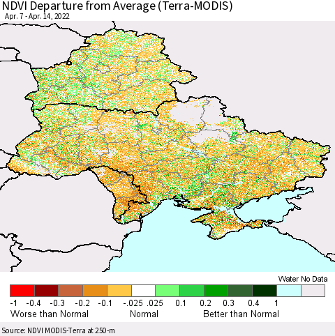 Ukraine, Moldova and Belarus NDVI Departure from Average (Terra-MODIS) Thematic Map For 4/7/2022 - 4/14/2022