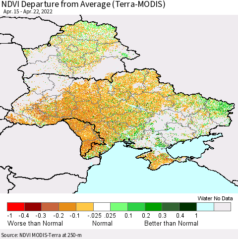 Ukraine, Moldova and Belarus NDVI Departure from Average (Terra-MODIS) Thematic Map For 4/15/2022 - 4/22/2022