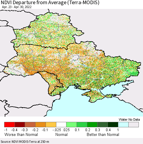 Ukraine, Moldova and Belarus NDVI Departure from Average (Terra-MODIS) Thematic Map For 4/21/2022 - 4/30/2022