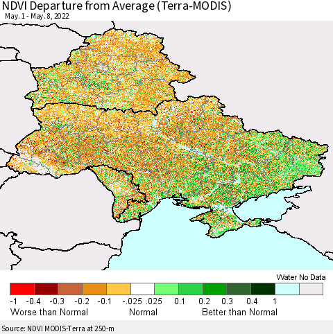 Ukraine, Moldova and Belarus NDVI Departure from Average (Terra-MODIS) Thematic Map For 5/1/2022 - 5/8/2022