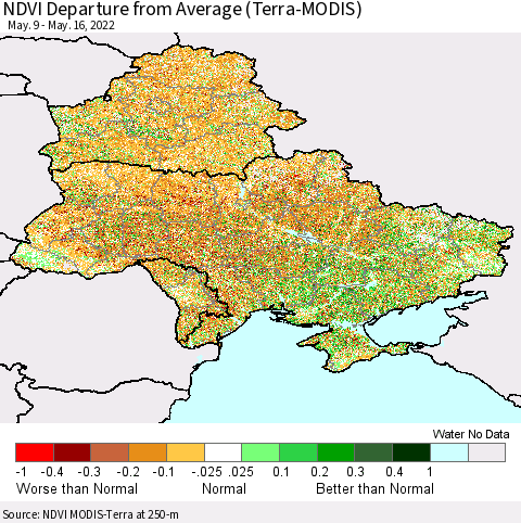 Ukraine, Moldova and Belarus NDVI Departure from Average (Terra-MODIS) Thematic Map For 5/9/2022 - 5/16/2022