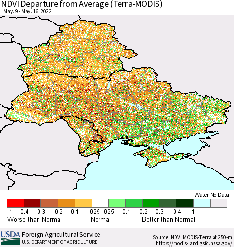 Ukraine, Moldova and Belarus NDVI Departure from Average (Terra-MODIS) Thematic Map For 5/11/2022 - 5/20/2022