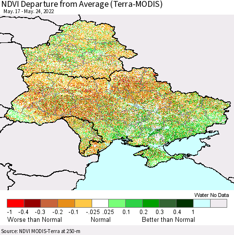 Ukraine, Moldova and Belarus NDVI Departure from Average (Terra-MODIS) Thematic Map For 5/17/2022 - 5/24/2022