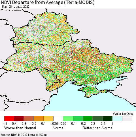 Ukraine, Moldova and Belarus NDVI Departure from Average (Terra-MODIS) Thematic Map For 5/25/2022 - 6/1/2022