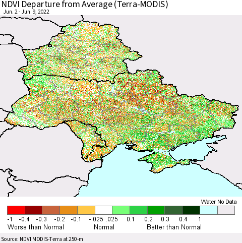 Ukraine, Moldova and Belarus NDVI Departure from Average (Terra-MODIS) Thematic Map For 6/2/2022 - 6/9/2022