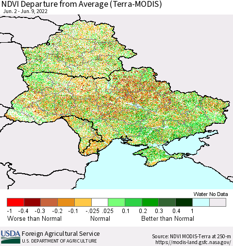 Ukraine, Moldova and Belarus NDVI Departure from Average (Terra-MODIS) Thematic Map For 6/1/2022 - 6/10/2022