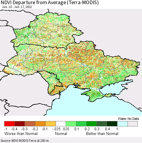 Ukraine, Moldova and Belarus NDVI Departure from Average (Terra-MODIS) Thematic Map For 6/10/2022 - 6/17/2022