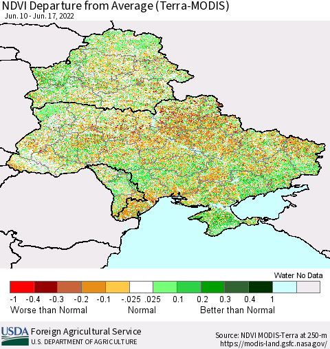 Ukraine, Moldova and Belarus NDVI Departure from Average (Terra-MODIS) Thematic Map For 6/11/2022 - 6/20/2022