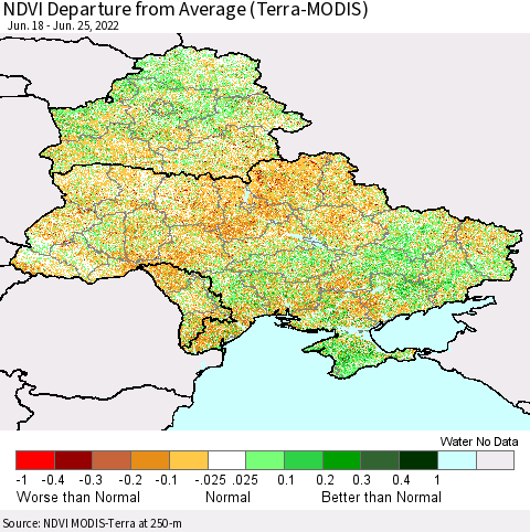Ukraine, Moldova and Belarus NDVI Departure from Average (Terra-MODIS) Thematic Map For 6/18/2022 - 6/25/2022