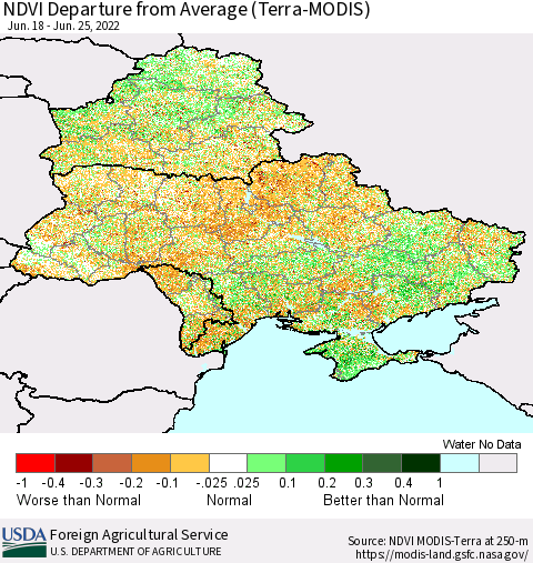 Ukraine, Moldova and Belarus NDVI Departure from Average (Terra-MODIS) Thematic Map For 6/21/2022 - 6/30/2022