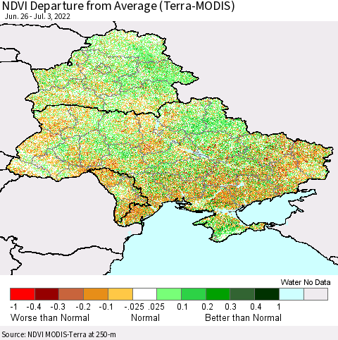Ukraine, Moldova and Belarus NDVI Departure from Average (Terra-MODIS) Thematic Map For 6/26/2022 - 7/3/2022