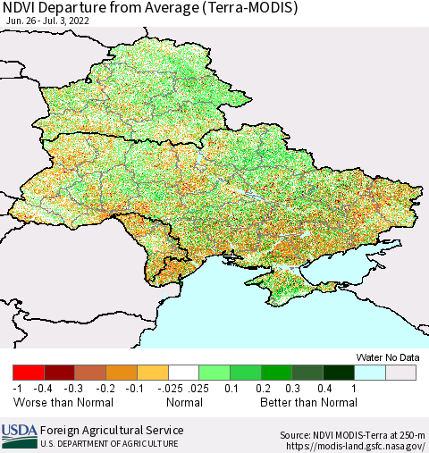 Ukraine, Moldova and Belarus NDVI Departure from Average (Terra-MODIS) Thematic Map For 7/1/2022 - 7/10/2022