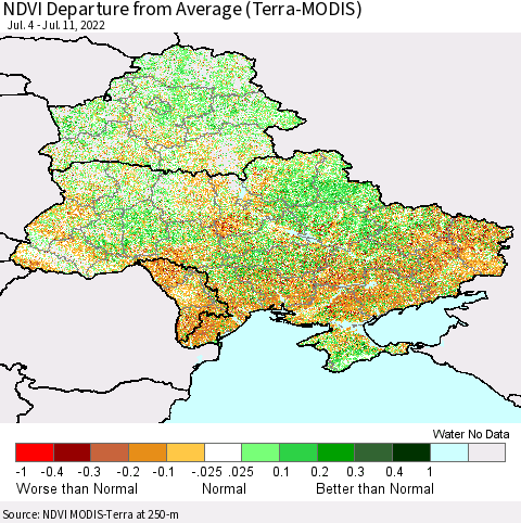 Ukraine, Moldova and Belarus NDVI Departure from Average (Terra-MODIS) Thematic Map For 7/4/2022 - 7/11/2022