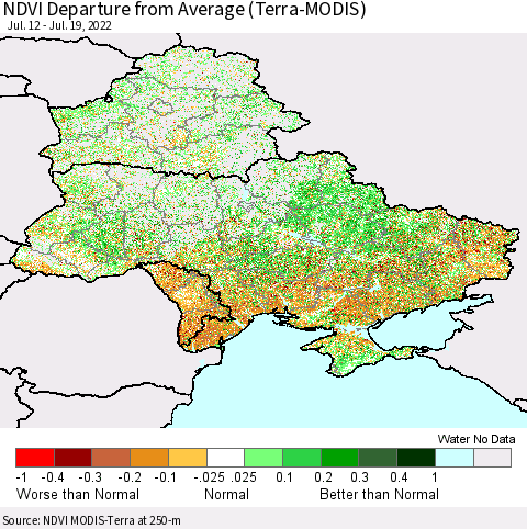 Ukraine, Moldova and Belarus NDVI Departure from Average (Terra-MODIS) Thematic Map For 7/12/2022 - 7/19/2022