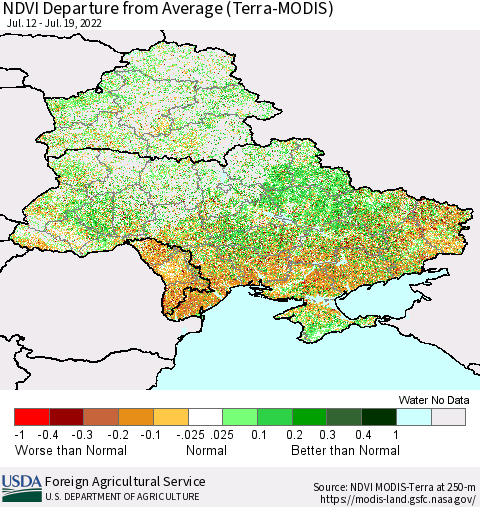 Ukraine, Moldova and Belarus NDVI Departure from Average (Terra-MODIS) Thematic Map For 7/11/2022 - 7/20/2022