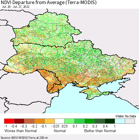 Ukraine, Moldova and Belarus NDVI Departure from Average (Terra-MODIS) Thematic Map For 7/20/2022 - 7/27/2022