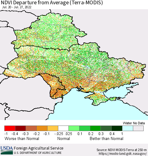 Ukraine, Moldova and Belarus NDVI Departure from Average (Terra-MODIS) Thematic Map For 7/21/2022 - 7/31/2022