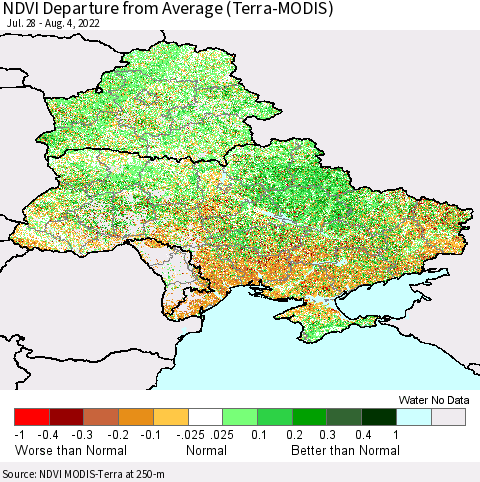 Ukraine, Moldova and Belarus NDVI Departure from Average (Terra-MODIS) Thematic Map For 7/28/2022 - 8/4/2022