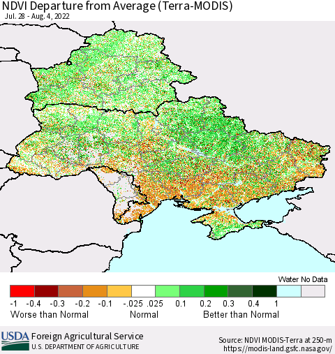 Ukraine, Moldova and Belarus NDVI Departure from Average (Terra-MODIS) Thematic Map For 8/1/2022 - 8/10/2022