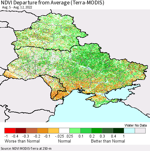 Ukraine, Moldova and Belarus NDVI Departure from Average (Terra-MODIS) Thematic Map For 8/5/2022 - 8/12/2022
