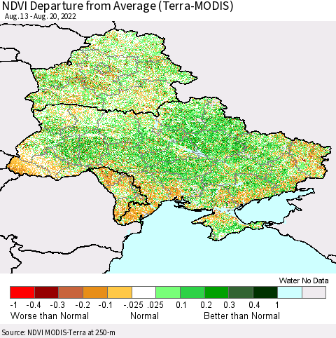 Ukraine, Moldova and Belarus NDVI Departure from Average (Terra-MODIS) Thematic Map For 8/11/2022 - 8/20/2022