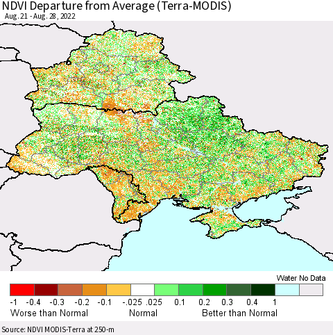 Ukraine, Moldova and Belarus NDVI Departure from Average (Terra-MODIS) Thematic Map For 8/21/2022 - 8/28/2022