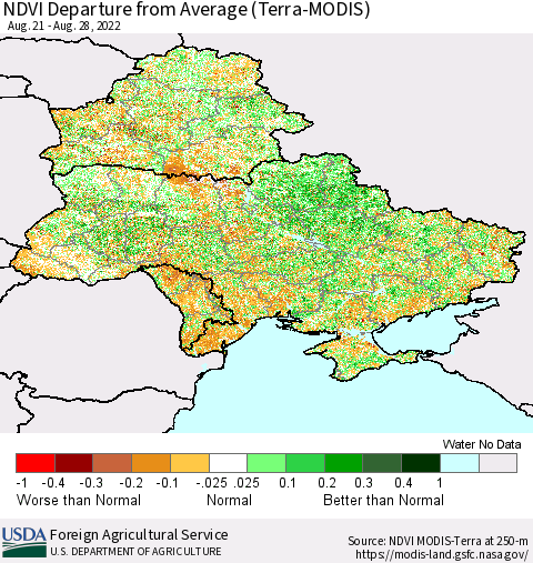 Ukraine, Moldova and Belarus NDVI Departure from Average (Terra-MODIS) Thematic Map For 8/21/2022 - 8/31/2022