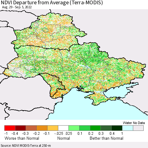 Ukraine, Moldova and Belarus NDVI Departure from Average (Terra-MODIS) Thematic Map For 8/29/2022 - 9/5/2022