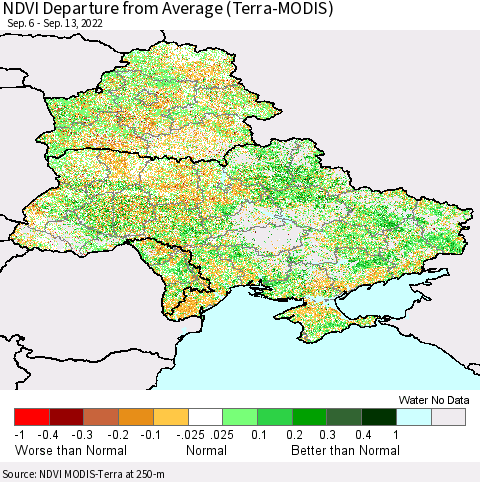 Ukraine, Moldova and Belarus NDVI Departure from Average (Terra-MODIS) Thematic Map For 9/6/2022 - 9/13/2022