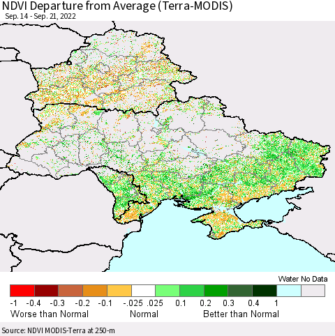 Ukraine, Moldova and Belarus NDVI Departure from Average (Terra-MODIS) Thematic Map For 9/14/2022 - 9/21/2022