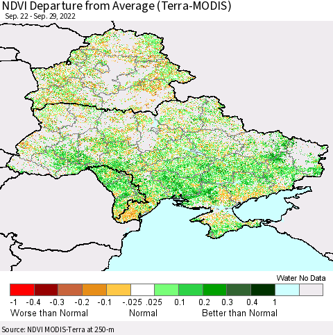 Ukraine, Moldova and Belarus NDVI Departure from Average (Terra-MODIS) Thematic Map For 9/22/2022 - 9/29/2022