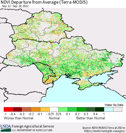 Ukraine, Moldova and Belarus NDVI Departure from Average (Terra-MODIS) Thematic Map For 9/21/2022 - 9/30/2022