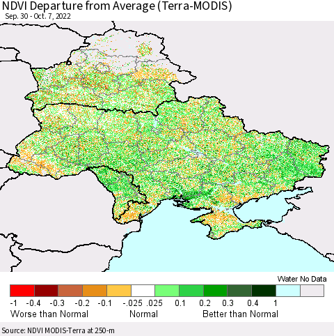 Ukraine, Moldova and Belarus NDVI Departure from Average (Terra-MODIS) Thematic Map For 9/30/2022 - 10/7/2022