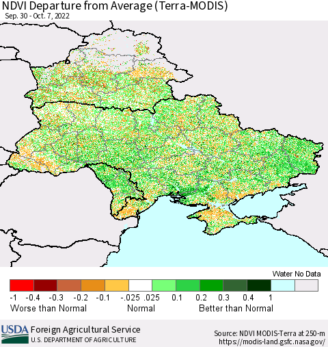 Ukraine, Moldova and Belarus NDVI Departure from Average (Terra-MODIS) Thematic Map For 10/1/2022 - 10/10/2022