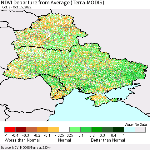 Ukraine, Moldova and Belarus NDVI Departure from Average (Terra-MODIS) Thematic Map For 10/8/2022 - 10/15/2022