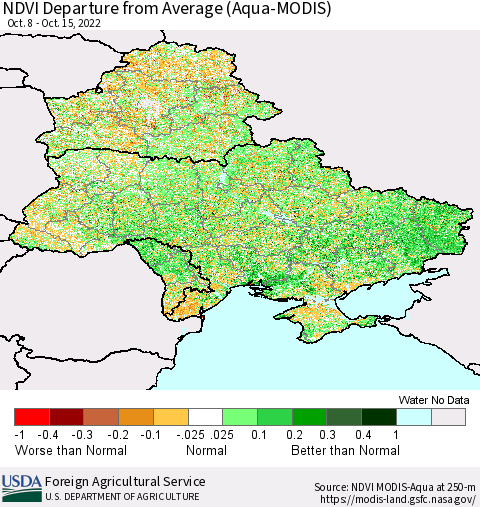 Ukraine, Moldova and Belarus NDVI Departure from Average (Terra-MODIS) Thematic Map For 10/11/2022 - 10/20/2022