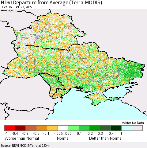 Ukraine, Moldova and Belarus NDVI Departure from Average (Terra-MODIS) Thematic Map For 10/16/2022 - 10/23/2022